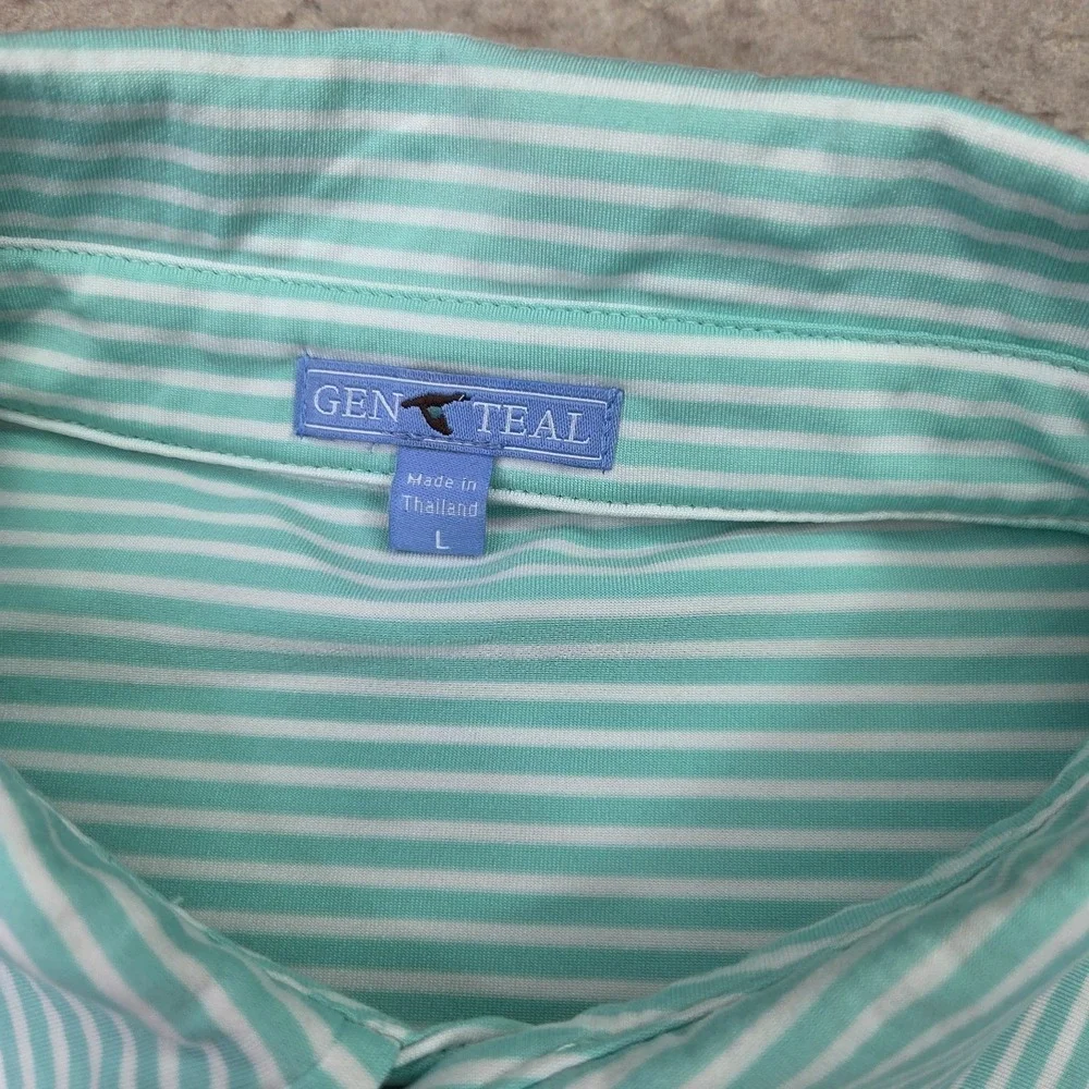 GenTeal Mens Performance Polo Shirt Mint Green White Striped Short Sleeve Size L